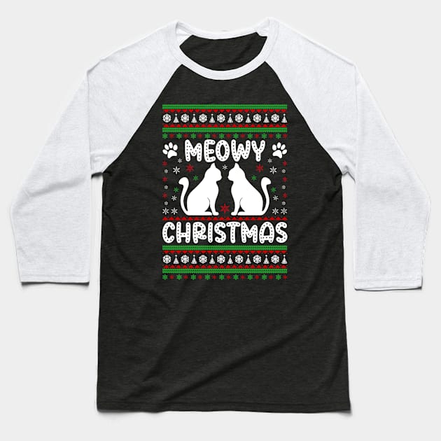 Meowy Christmas - Christmas Cat Ugly Sweater Baseball T-Shirt by qpdesignco